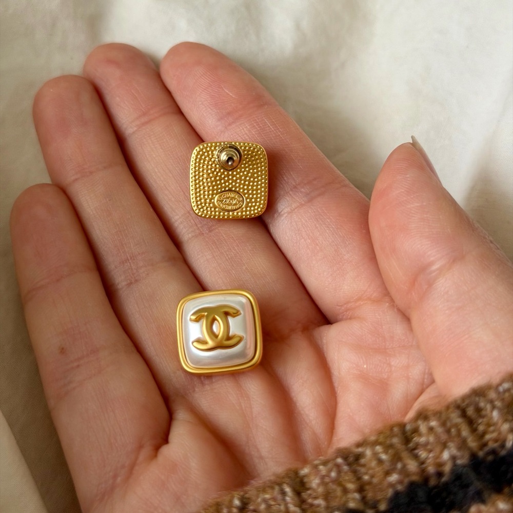 CHANEL Gold and Cream Square Earrings - Picture 7 of 15